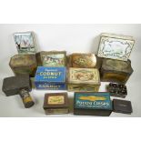 A large quantity of vintage tins, biscuit, tea, stock etc, largest 9" x 6½"