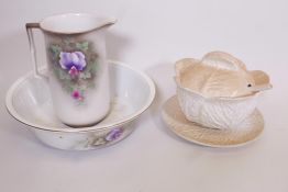 A mid C20th Staffordshire pottery wash jug and bowl together with a large cabbage leaf pattern