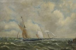 Maritime scene with sailing vessels on the open sea, C19th, oil on canvas, 12½" x 18½"