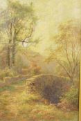 J.G. Trench, stone bridge over a woodland stream, signed and dated 1892, oil on canvas, A/F, 12" x