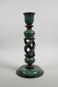 A Kashmiri lacquered candlestick with a carved and pierced spiral stem, converted to a lamp, 12"