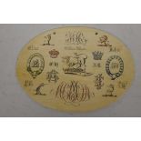 An oval Victorian ivory sample plaque engraved with elaborate initials and coats of arms, bears