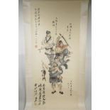 A Chinese watercolour scroll decorated with two warriors and a fisherman, after Fu Baoshi, 17" x 37"