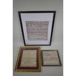 Three C19th alphabet samplers, largest 12" x 12"