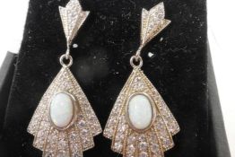 A pair of Art Deco style silver, cubic zirconium and opalite fan shaped drop earrings