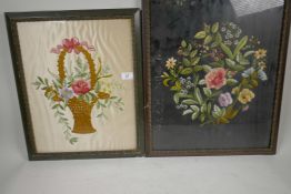 A C19th woolwork of a spray of wild flowers, 16" x 20½", together with a woolwork of a woven