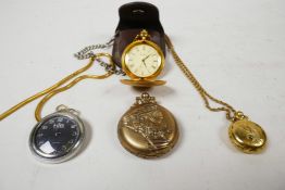 Four fob style watches, three with decorative embossed cases