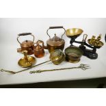 A box of metal wares including a set of iron Libra kitchen scales with brass trays and bell weights,