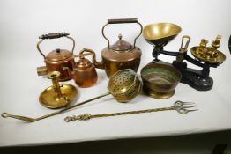 A box of metal wares including a set of iron Libra kitchen scales with brass trays and bell weights,