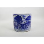 A Chinese blue and white porcelain brush pot decorated with a procession of carts and figures riding