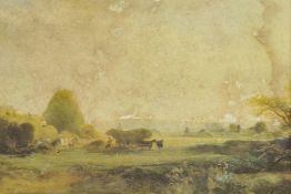 Haymaking scene, with heavy horses and figures, oil on board, 15" x 12"