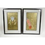 A pair of C19th Chinese framed silk embroidered textiles, frame 20½" x 14¼"