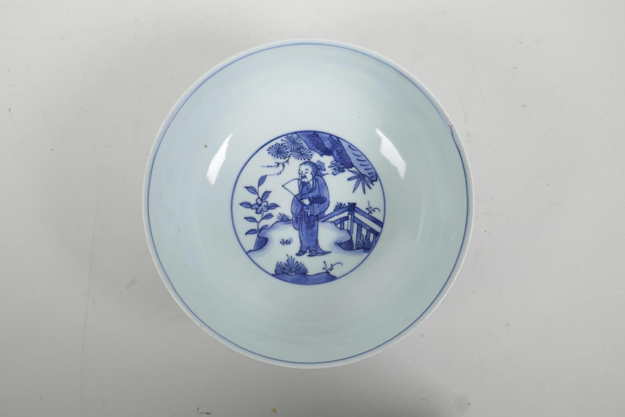 A Chinese blue and white bowl with decorative figural panels, 4 character mark to base, 8" diameter - Image 5 of 7