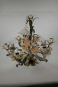 A 1950s flower pattern painted metal chandelier, 222 diameter, 20" high