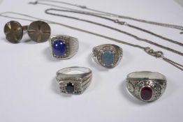 A quantity of sterling silver including four silver rings inset with various gemstones, all hallmark