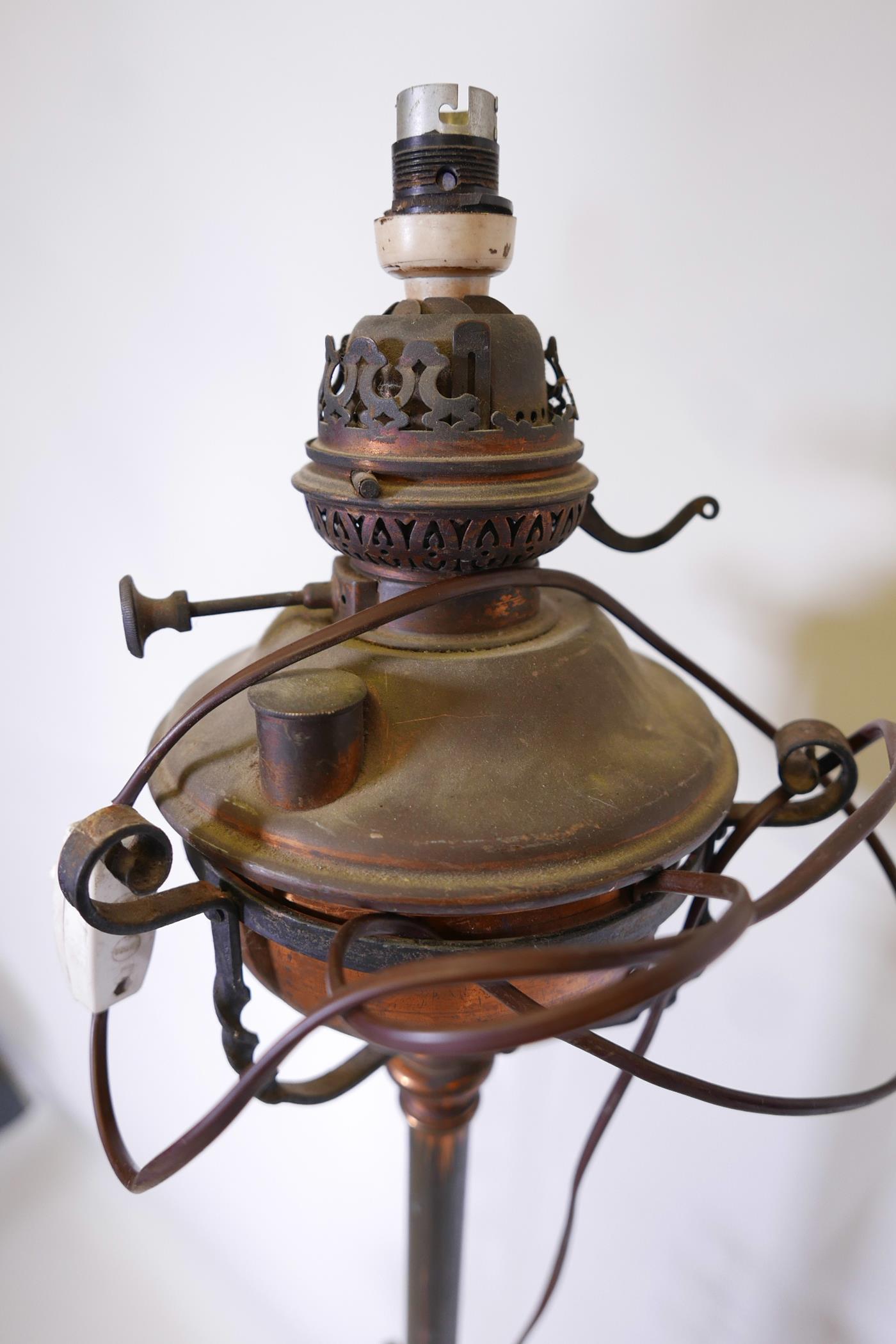 A wrought iron and copper standard oil lamp converted to electricity, 56" high - Image 4 of 4
