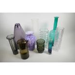 A collection of 1970s/80s studio glass vases, largest 16" high