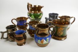 Nine pieces of lustre ware jugs and tankards, mostly C19th, largest jug 6" high