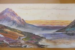 Iris Maria Perrott RHA, mountain lake scene, signed, identified as Lough Doo in County Mayo, waterco
