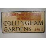 A metal street sign for Collingham Gardens SW5, 36" x 18"