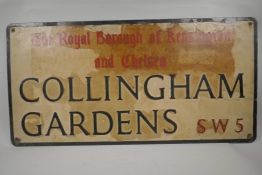 A metal street sign for Collingham Gardens SW5, 36" x 18"