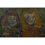 In the manner of Joan Eardley, two girls, impasto portrait on board, unframed, 24" x 20"