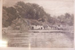 An etching of a town by a river titled Andernach, signed A.E. Gunther, 14" x 12", together with a bl