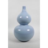 A Chinese porcelain double gourd vase with a blue Ru ware style glaze, seal mark to base, 12" high