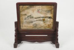 A Chinese marbled stone and hardwood table screen, 9½" x 9½"