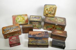 A large quantity of vintage tins, biscuit, toffee, stock etc, largest 10½" x 7"