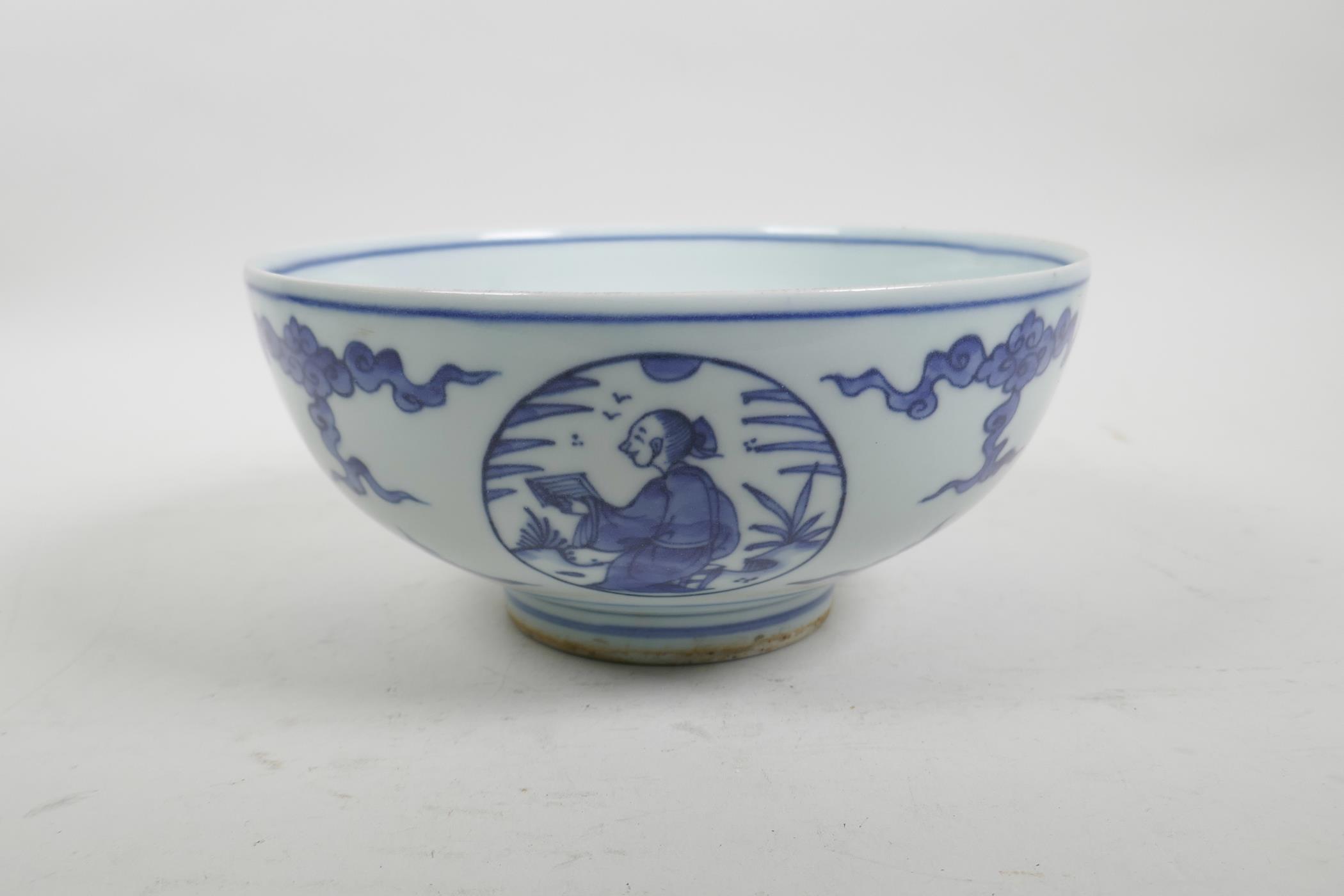 A Chinese blue and white bowl with decorative figural panels, 4 character mark to base, 8" diameter - Image 3 of 7