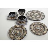 A Swiss Thoune pottery two place coffee service comprising serving plate, two tea plates, two square