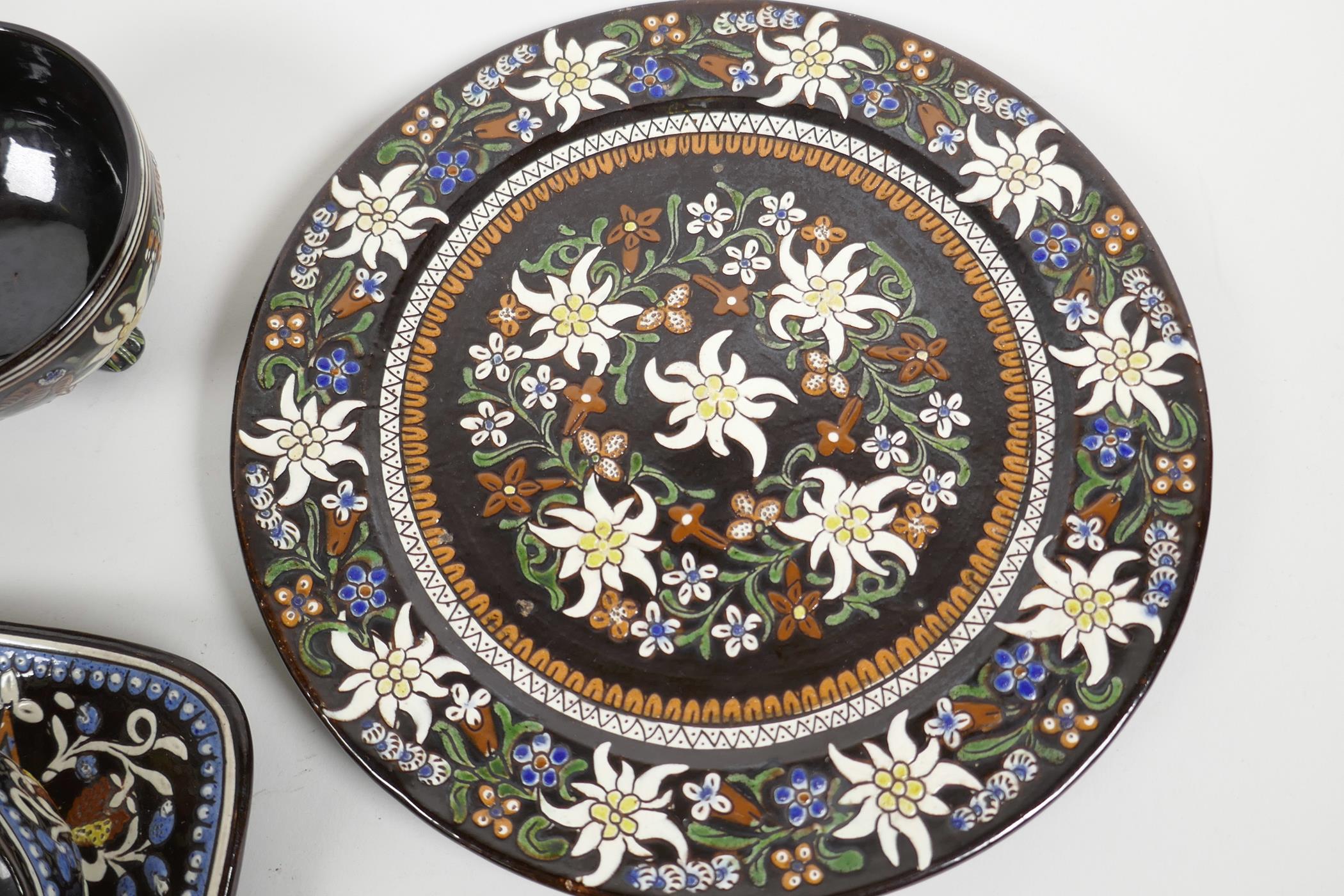 A Swiss Thoune pottery two place coffee service comprising serving plate, two tea plates, two square - Image 2 of 5