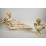 An alabaster classical bust of Hermes, 8" high, and an alabaster sculpture of Napoleon Bonaparte's s