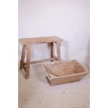 An antique pine trough/dough bin, 29" x 18" x 11", and a trestle