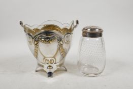 A hand blown bubble glass sifter with an unmarked silver top, together with a silver plated bonbon d