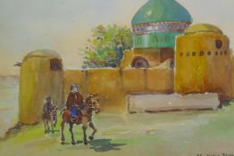 H.A. Sivaio Decon(?), Arabs on horseback in front of a mosque, watercolour, 12" x 8½"