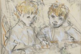 Ethel Walker, study of two children watching a canary, also inscribed verso, signed, coloured chalk