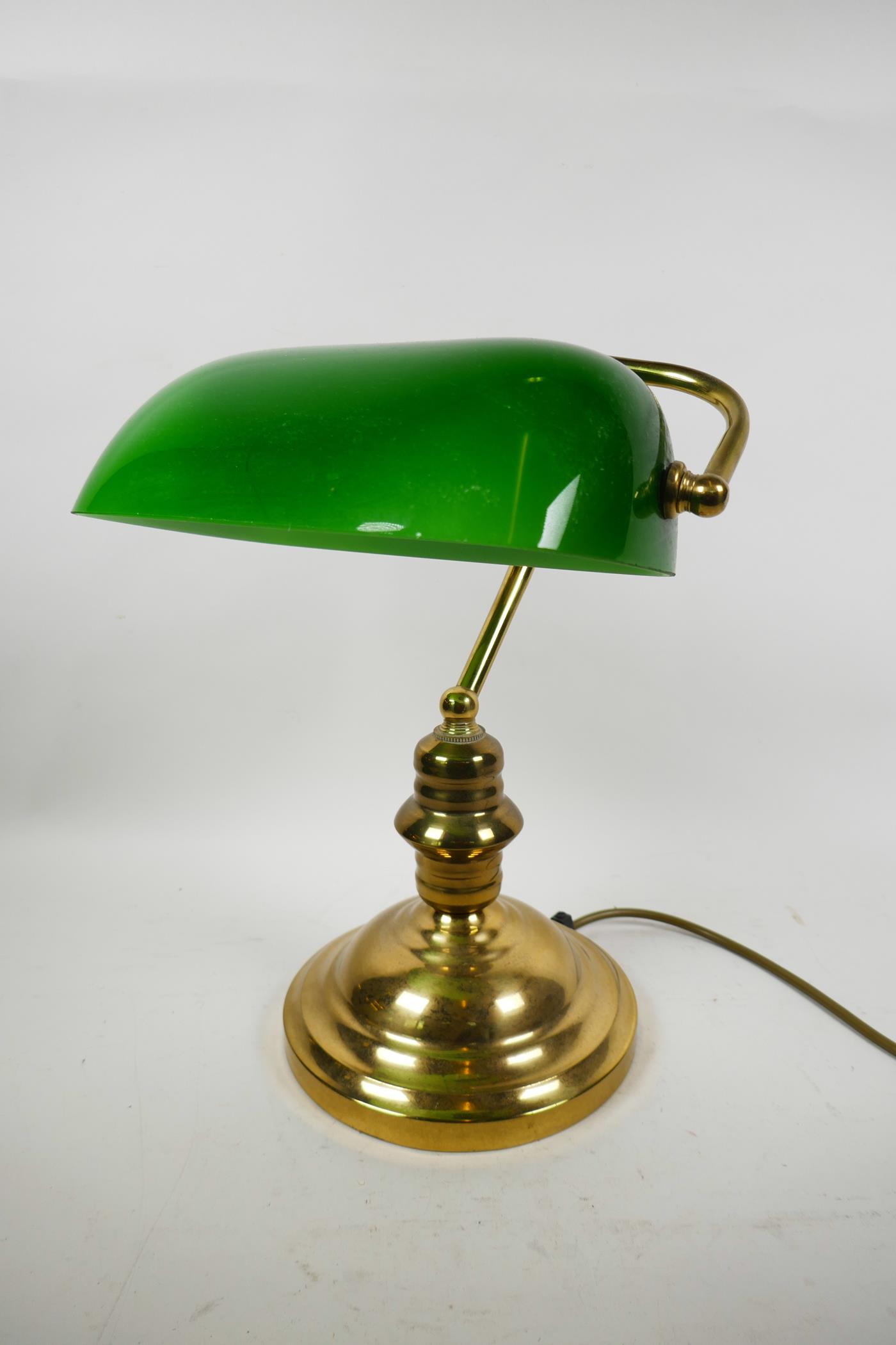 A brass desk lamp with adjustable green glass shade, 13" high - Image 2 of 3