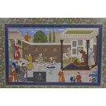 An Indian painting on silk depicting dancers and musicians performing in court, 41½" x 29½"