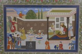 An Indian painting on silk depicting dancers and musicians performing in court, 41½" x 29½"