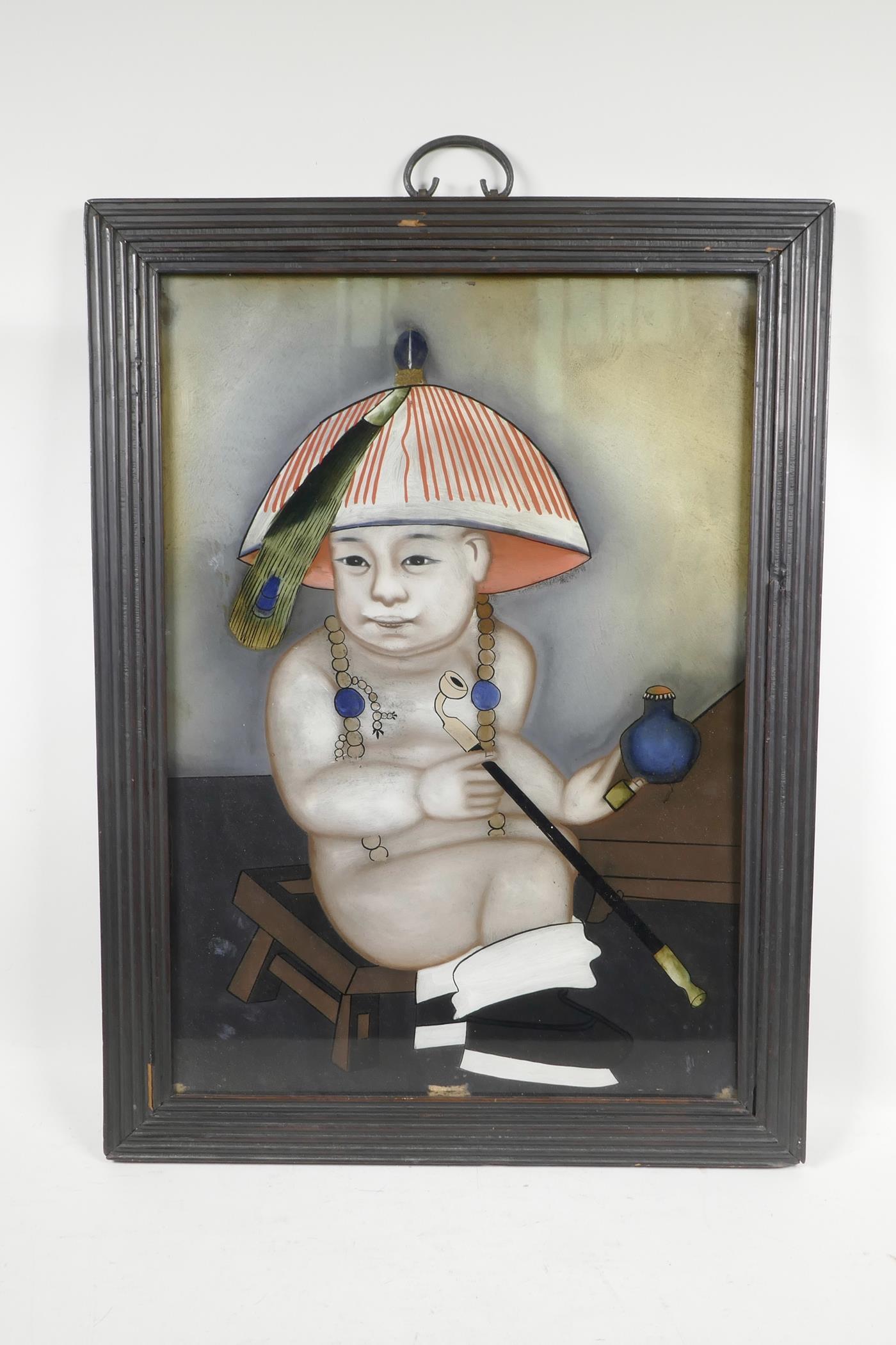 A Chinese reverse painting on glass depicting a boy with an opium pipe, 17" x 22½" - Image 2 of 2