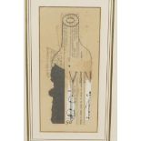 Still life with wine bottle, monogrammed G.B., pencil drawing with collage, 8" x 4"