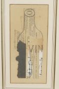 Still life with wine bottle, monogrammed G.B., pencil drawing with collage, 8" x 4"