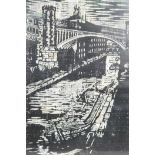 Lino cut of a canal scene with turreted bridge, titled verso 'Rochdale Canal, Knott Mill, Manchester