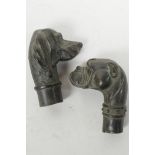 Two bronze walking stick handles cast as dog's heads, 3" long