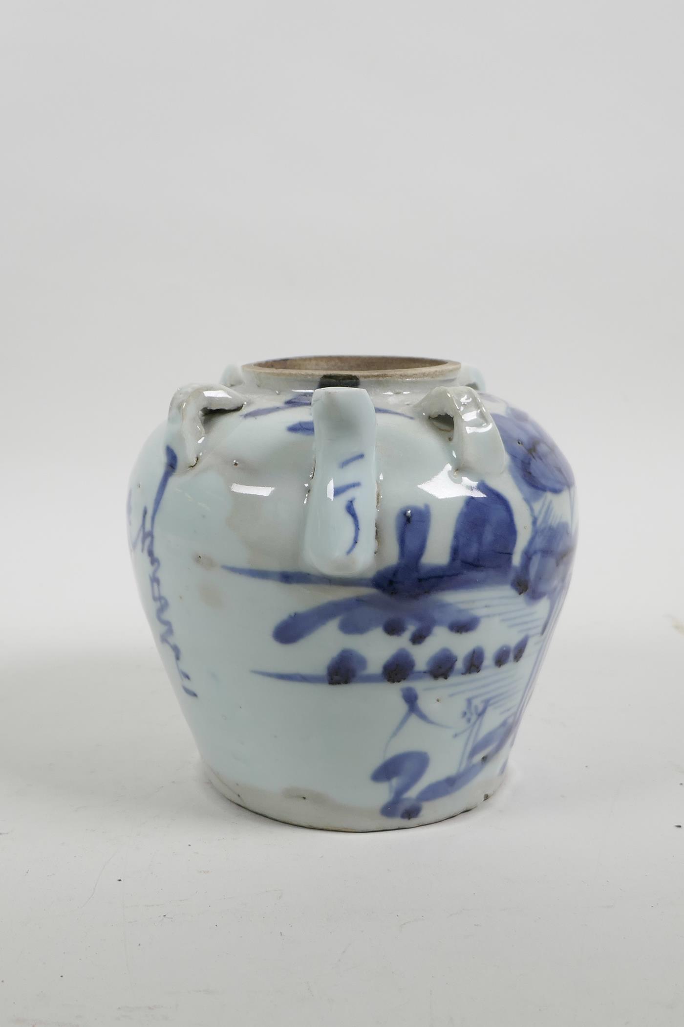 A Chinese blue and white porcelain pourer/pot with four lug handles and decorated with a stylised la - Image 2 of 5