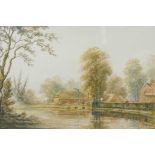 Max Dunlop, river scene with figures on far bank, signed, titled verso 'Milton Lake', watercolour, 1