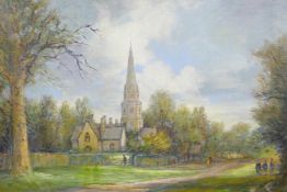 Max Dunlop, rural scene with church and figures, signed, titled verso 'St Barnabus, Ranmore', oil on