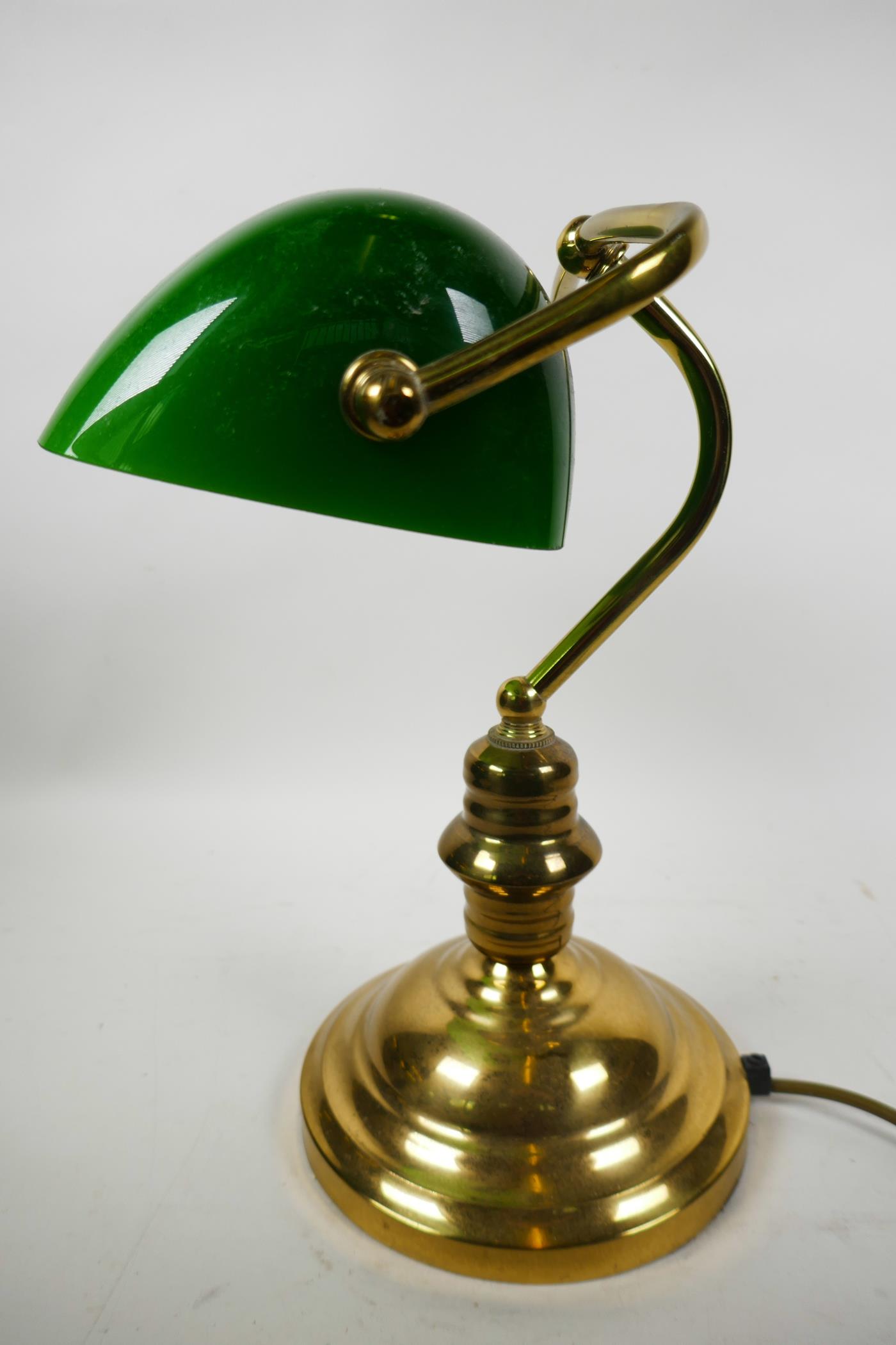 A brass desk lamp with adjustable green glass shade, 13" high - Image 3 of 3